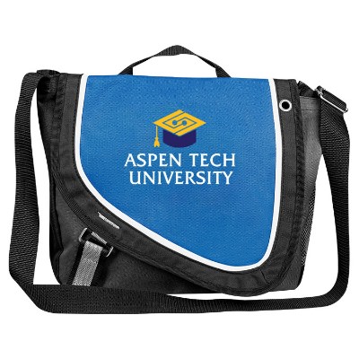 Black with blue accent messenger bag with full-color imprint.