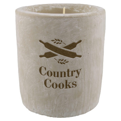 Stone candle with a custom logo.