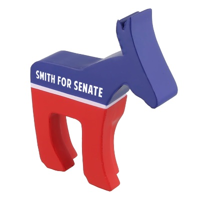 Blue with red foam stress ball with a custom logo.