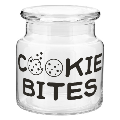 Clear glass jar with a custom imprint.
