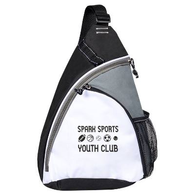 White sling backpack with custom logo.