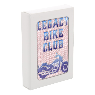 Red paper playing cards with a personalized logo.