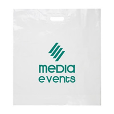 Plastic white die cut with handles bag with customized logo.