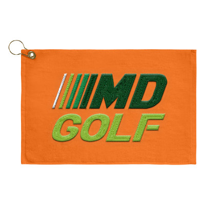Orange golf towel with custom embroidered imprint.