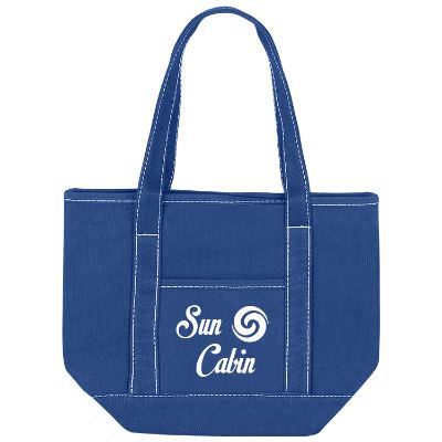 Cotton canvas natural small cruiser tote with logoed imprint.