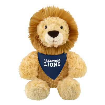 Plush and cotton lion with a blue bandana with a custom imprint.
