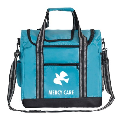 Nylon light blue insulated lunch cooler with imprinting.