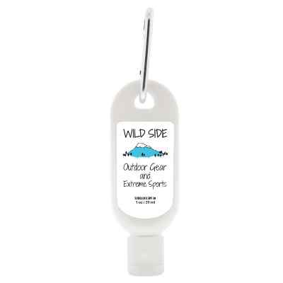 Plastic white sunscreen with a customizable logo.