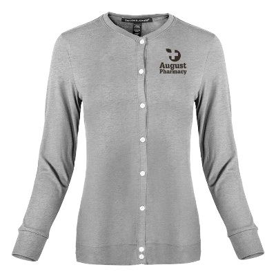 Personalized gray cardigan with imprint.