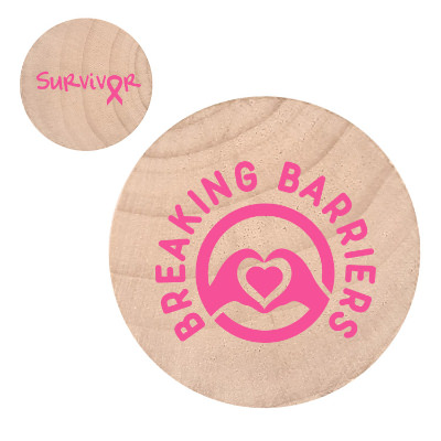 Natural wooden nickel with a custom logo.