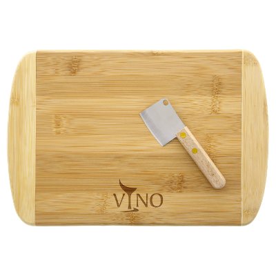 Tan bamboo charcuterie board with a personalized logo.