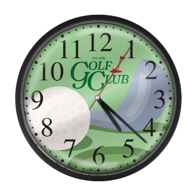 Black plastic clock with a personalized logo.