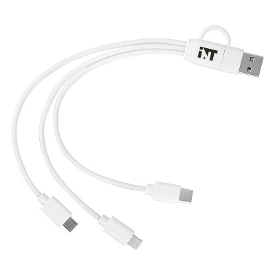 White plastic charging cable with a custom logo.