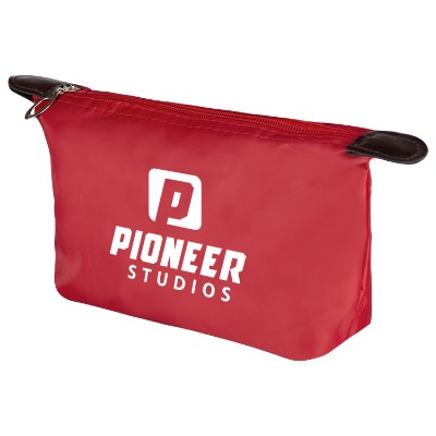 Polyester red cosmetic bag with personalized logo.