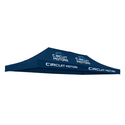 Navy 20-ft. tent canopy with custom imprint in 4 locations.