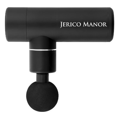 Black aluminum massage gun with a personalized logo.