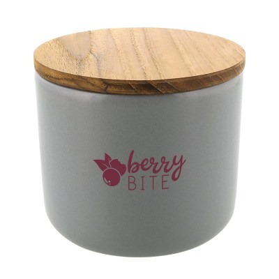 Stoneware ceramic and acacia wood medium kitchen containers with personalized imprint.