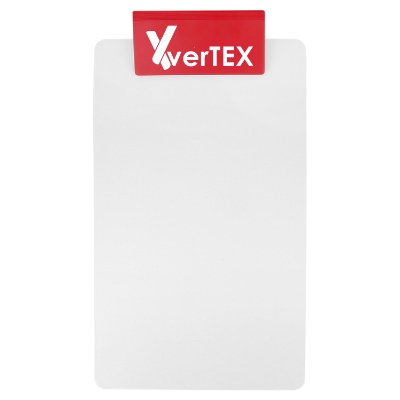 Red polystyrene clipboard with a personalized logo.