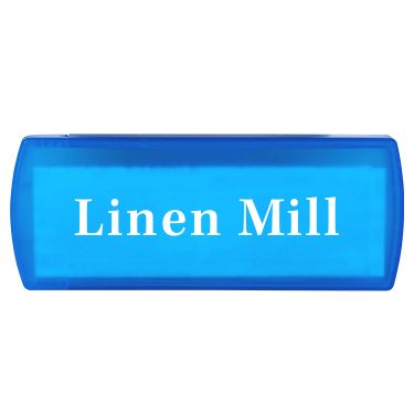 Plastic blue bandage holder with a custom imprint.