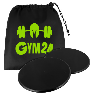 Black fitness discs with custom logo on pouch.