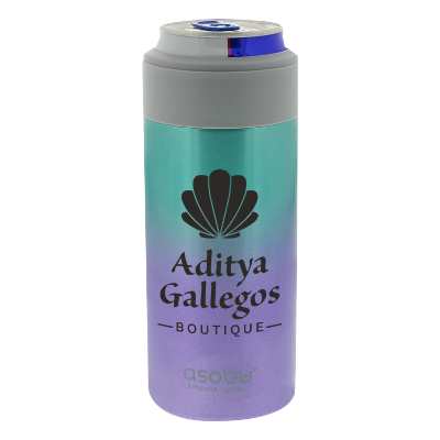 Stainless unicorn can cooler with custom logo.