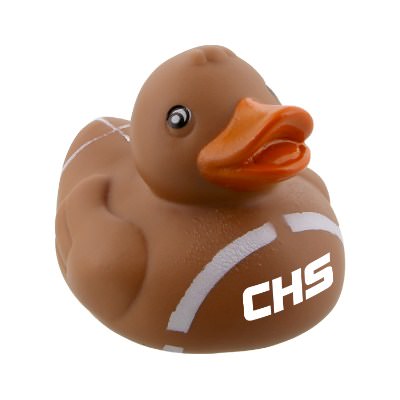Plastic brown rubber duck with a branded logo.