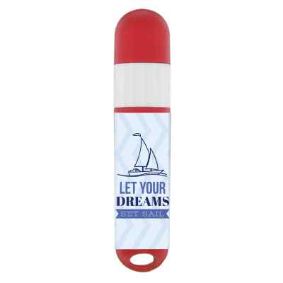 Plastic translucent red sunscreen and lip balm with a full-color imprint.