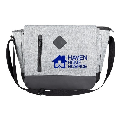 Heathered gray messenger bag with custom imprint.
