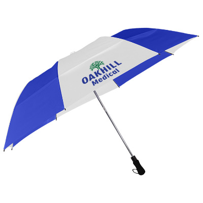 Blue with white vented auto open golf umbrella with personalized full color logo.