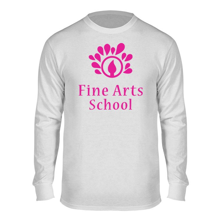 Personalized white cotton-poly long sleeve t-shirt with logo.