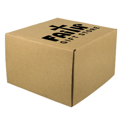 Brown cardboard box with a personalized logo.