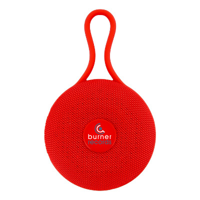 Red plastic speaker with a custom imprint.