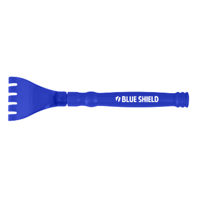Blue plastic backscratcher with a custom imprint.