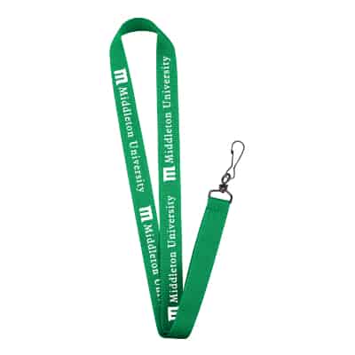 3/4 inch navy blue grosgrain polyester lanyard with custom print and black j-hook.