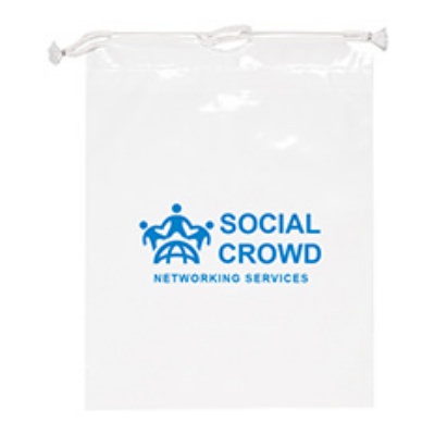 Plastic white cotton drawstring bag custom imprinted.