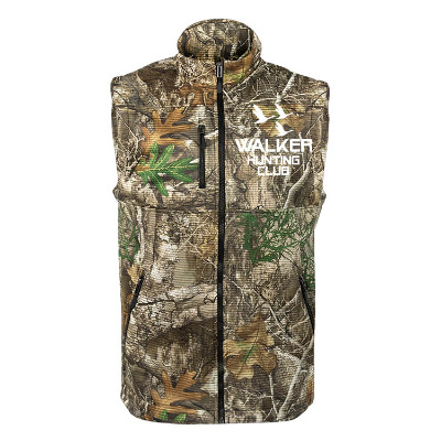 Camo soft shell vest with custom logo.