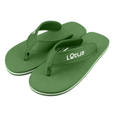 Green and white flip flops with a green strap and custom logo.