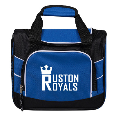 Blue polyester cooler with a customized logo.