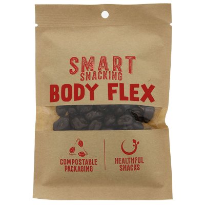 Customized dark chocolate raisins in natural compostable kraft pouch.