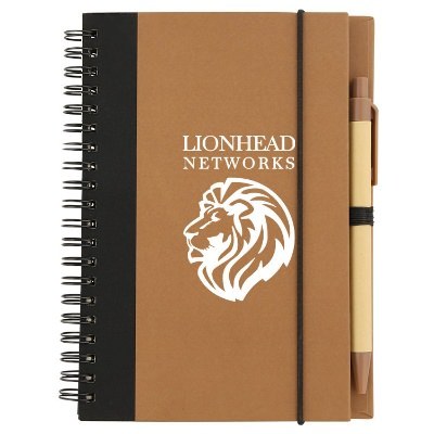 Logo on brown recycled material notebook with pen.