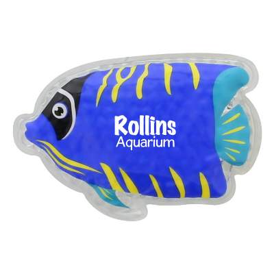 Plastic blue hot and cold pack with a custom imprint.