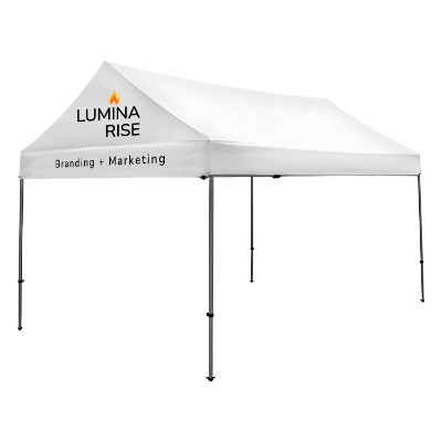 White 10-ft. x 15-ft. gable tent with custom imprint in 2 locations.