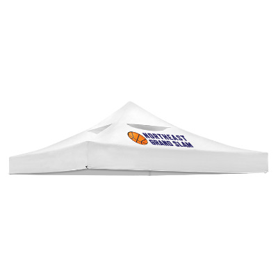 White 10-ft. vented tent canopy with custom imprint.