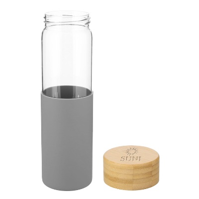 Gray water bottle with custom engraved logo in 20 oz.