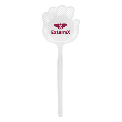 White plastic fly swatter with a personalized logo.