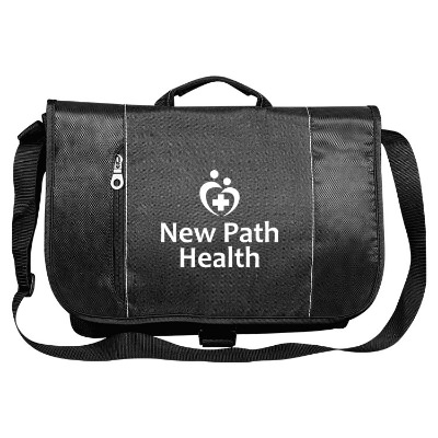 Black messenger bag with zippered pocket and custom logo.