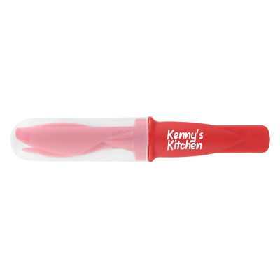 Red portable utensil set with promotional logo.