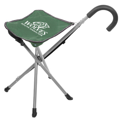 Green polyester chair with a branded logo.