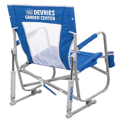 Blue polyester chair with a custom logo.