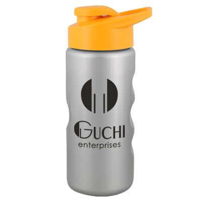 Plastic metallic silver water bottle with drink thru lid and custom branding in 22 ounces.